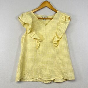 Croft & Barrow Yellow Gingham Ruffle Sleeveless Linen Blend Top Women's Medium‎